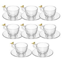 Jogo 8 Xícara de Chá com Pires Golden Bird Pássaro 180ml Cristal Ecológico Wolff