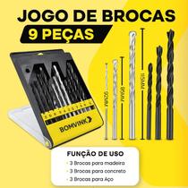 Jogo 9 Brocas Estojo Kit para Ferro Concreto Madeira Ponta de Videa Aço Furadeira Bomvink