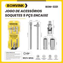 Jogo acessórios soquetes 5 peças alongadores, chvave velas, cabo de força 1/2 BOMVINK Jogo acessórios soquetes 5 peças alongadores, chvave velas, cabo de força 1/2 BOMVINK