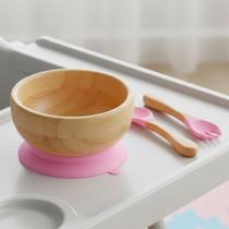 Jogo Alimentação Infantil Silicone e Bambu Mimo Style Ventosa Colher e Garfo Rosa