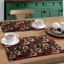 Jogo Americano 4 Peças Em Jacquard Estampado Floral Vermelho e Preto