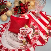 Jogo Americano Coleção Natal Tradicional Listrado Vermelho e Branco com Estampa de Romã