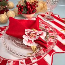 Jogo Americano Coleção Natal Tradicional Listrado Vermelho e Branco com Estampa de Romã