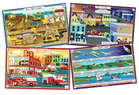 Jogo Americano Infantil Tot Talk Vehicles - 4 Peças Impermeáveis - Fabricado nos EUA