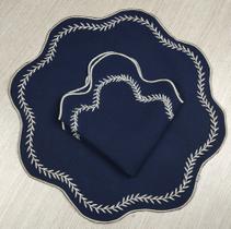 Jogo Americano Sousplats Mesa Posta Bordado Guardanapo 12 Pç Azul Marinho