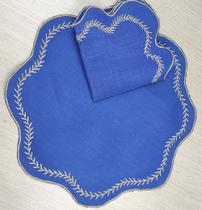 Jogo Americano Sousplats Mesa Posta Bordado Guardanapo 12 Pç Azul Royal