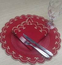 Jogo Americano Sousplats Mesa Posta Bordado Guardanapo 12 Pç -Vermelho