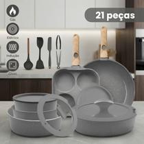 Jogo Antiaderente Cerâmica 21 Peças Com Cabo Removível Forno Indução Gás Eletrico e Vitrocerâmico Granito Cinza Jogo Antiaderente Cerâmica 21 Peças Com Cabo Removível Forno Indução Gás Eletrico e Vitrocerâmico Granito Cinza