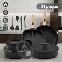 Jogo Antiaderente Cerâmica 21 Peças Com Cabo Removível Forno Indução Gás Eletrico e Vitrocerâmico Granito Preto Jogo Antiaderente Cerâmica 21 Peças Com Cabo Removível Forno Indução Gás Eletrico e Vitrocerâmico Granito Preto