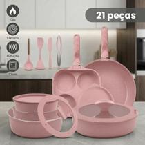 Jogo Antiaderente Cerâmica 21 Peças Com Cabo Removível Forno Indução Gás Eletrico e Vitrocerâmico Granito Rosa Jogo Antiaderente Cerâmica 21 Peças Com Cabo Removível Forno Indução Gás Eletrico e Vitrocerâmico Granito Rosa