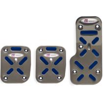 Jogo Aplique Alumínio Cromado Pedaleiras Esportiva Acelerador Freio Embreagem Borracha Azul em X Jogo Aplique Alumínio Cromado Pedaleiras Esportiva Acelerador Freio Embreagem Borracha Azul em X