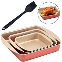 Jogo Assadeira Forma Quadrada 3 Peças Antiaderentes + Pincel
