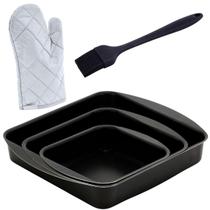 Jogo Assadeira Quadrada 03 Pçs Antiaderentes + Luva + Pincel Jogo Assadeira Quadrada 03 Pçs Antiaderentes + Luva + Pincel