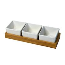 Jogo Bandeja de Bambu com 3 Petisqueiras Cerâmica Quadrada Jogo Bandeja de Bambu com 3 Petisqueiras Cerâmica Quadrada