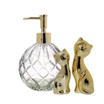 Jogo Banheiro Decor Porta Sabonete Líquido Vidro Vitral 400ml e Enfeite Casal Gato Dourado Gold - Yangzi