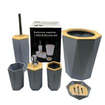 Jogo banheiro em bambu porta sabonete escova algodão lixeira escova sanitária 6 peças Jogo banheiro em bambu porta sabonete escova algodão lixeira escova sanitária 6 peças