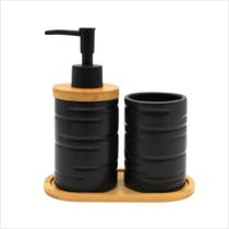 Jogo Banheiro Kit Lavabo Porcelana Porta Sabonete Liquido Escova Bandeja Bambu Acabamento Ondulado Jogo Banheiro Kit Lavabo Porcelana Porta Sabonete Liquido Escova Bandeja Bambu Acabamento Ondulado