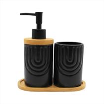 Jogo Banheiro Kit Lavabo Porcelana Sabonete Porta Escova Dentes Bandeja Bambu Acabamento Curva 'U' Jogo Banheiro Kit Lavabo Porcelana Sabonete Porta Escova Dentes Bandeja Bambu Acabamento Curva 'U'