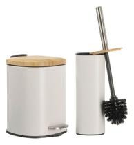 Jogo Banheiro Lavabo Lixeira Cesto 3 Litros E Escova Bambu