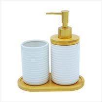 Jogo Banheiro Lavabo Porcelana Porta Escova Dentes Sabonete Liquido Bandeja Bambu Acabamento Frizado
