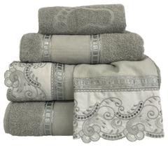 Jogo Banho luxo especial Barrado Bordado Richilieu 5 Peças CINZA