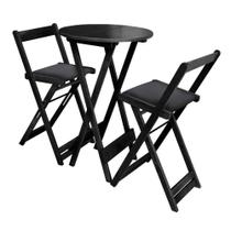 Jogo Bistro De Madeira Dobrável Redondo 55cm Diâmetro Com 2 Cadeiras Preto Estofado Preto