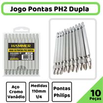 Jogo Bits Parafusadeira Ponta Dupla PH2 Philips 110mm 10 Peças 1/4 pol. Aço Cromo V. Hammer - JB2000