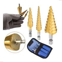 Jogo Broca Escalonada 3 Peças Titanio 3 a 12 4 a 12 4 a 20mm com Estojo