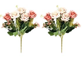 Jogo Buquê Mini Rosas 5 Flores Folhagens Realistas 2 Unidades 30cm