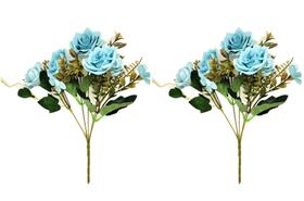 Jogo Buquê Mini Rosas Azul Turquesa 5 Flores Folhagens Realistas 2 Unidades 30cm
