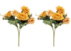 Jogo Buquê Mini Rosas Pêssego 5 Flores Folhagens Realistas 2 Unidades 30cm
