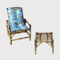 Jogo C/ 1 Cadeira Bambu Almofada Floral Azul + Mesa Centro Área
