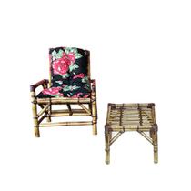 Jogo C/ 1 Cadeira Bambu Almofada Preto Floral + Mesa Centro Área