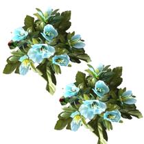 Jogo C/ 2 Mini Buquês De Azaleia C/ 7 Flores 27cm Cada - Azul.