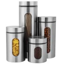 Jogo C/ 4 Peças Potes Herméticos Vidro em Inox Mantimentos Grãos Decoração Cozinha