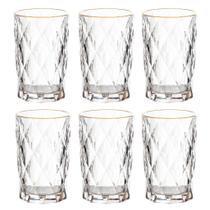 Jogo C/ 6 Copos de Vidro Diamond Borda Dourada 350ml Luxo Bebidas Água Suco