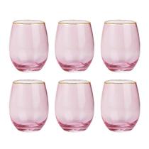Jogo c/ 6 copos de vidro rosa com borda dourada 580 ml