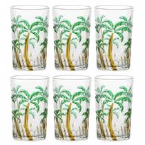 Jogo C/ 6 Copos Palm Tree Alto Relevo 350ml Mesa Posta Bebidas Água Suco
