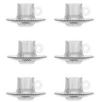 Jogo C/6 Xícaras de Vidro Transparente C/ Pires Robusta Line 85ml P/ Café e Chá