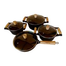 Jogo Caçarola e Frigideira 4pcs Ferro Fundido Tampa de Vidro