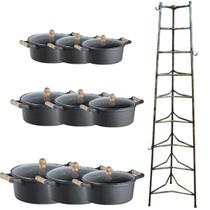 Jogo Caçarola Ferro Alça Madeira T/V 16 ao 32cm e Paneleiro