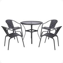jogo cadeiras de area aluminio e fibra preta Maresia 4 unidades e mesa Fortaleza tampo tramado 85 cm