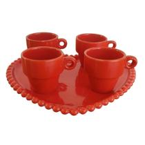 Jogo Café com Bandeja 5 Peças Coração Cerâmica Vermelho