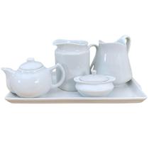 Jogo Café e Chá, Bandeja + Açucareiro barquinha 100ml + Chaleira 400ml + Leiteira 700ml + jarra 740ml - Porcelana Branca Jogo Café e Chá, Bandeja + Açucareiro barquinha 100ml + Chaleira 400ml + Leiteira 700ml + jarra 740ml - Porcelana Branca