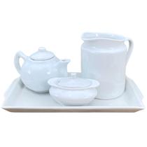 Jogo Café e Chá, Bandeja + Açucareiro barquinha 100ml + Chaleira 400ml + Leiteira 700ml - Porcelana Branca Jogo Café e Chá, Bandeja + Açucareiro barquinha 100ml + Chaleira 400ml + Leiteira 700ml - Porcelana Branca