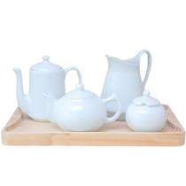 Jogo Café e Chá, Bandeja + Açucareiro bolinha 350ml + Chaleira 830ml + Leiteira 1,3L + Bule 1L - Porcelana Branca
