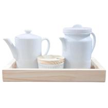 Jogo Café e Chá, Bandeja + Bule Bico longo 800ml + Bule cafeteira 1,1L + Açucareiro Ramequim 250ml - Porcelana Branca