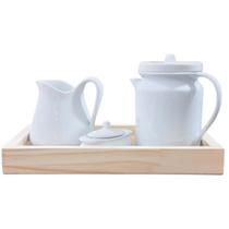 Jogo Café e Chá, Bandeja + Bule Cafeteira 1,1L + Jarra Leiteira 740ml + Açucareiro barquinha 100ml - Porcelana Branca