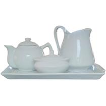 Jogo Café e Chá, Bandeja + Bule Chaleira 400ml + Açucareiro barquinha 100ml + Jarra Leiteira 740ml - Kit Porcelana Branc Jogo Café e Chá, Bandeja + Bule Chaleira 400ml + Açucareiro barquinha 100ml + Jarra Leiteira 740ml - Kit Porcelana Branc