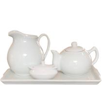 Jogo Café e Chá, Bandeja + Bule Chaleira 830ml + Jarra clássica 1,3L + Açucareiro barquinha 100ml - Porcelana Branca